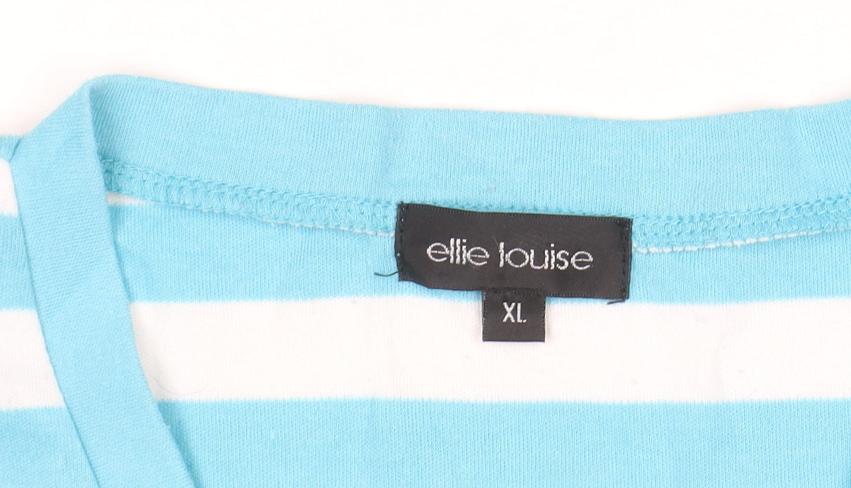 Ellie Louise Women Blue White Striped V-Neck Short Sleeve T-Shirt XL
