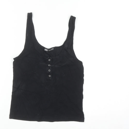 ZARA Women Black Basic Ribbed Tank Top Size S Cotton Blend