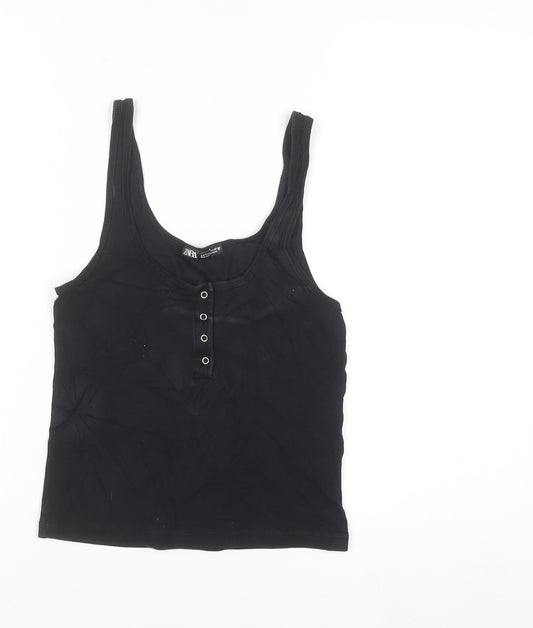 ZARA Women Black Basic Ribbed Tank Top Size S Cotton Blend
