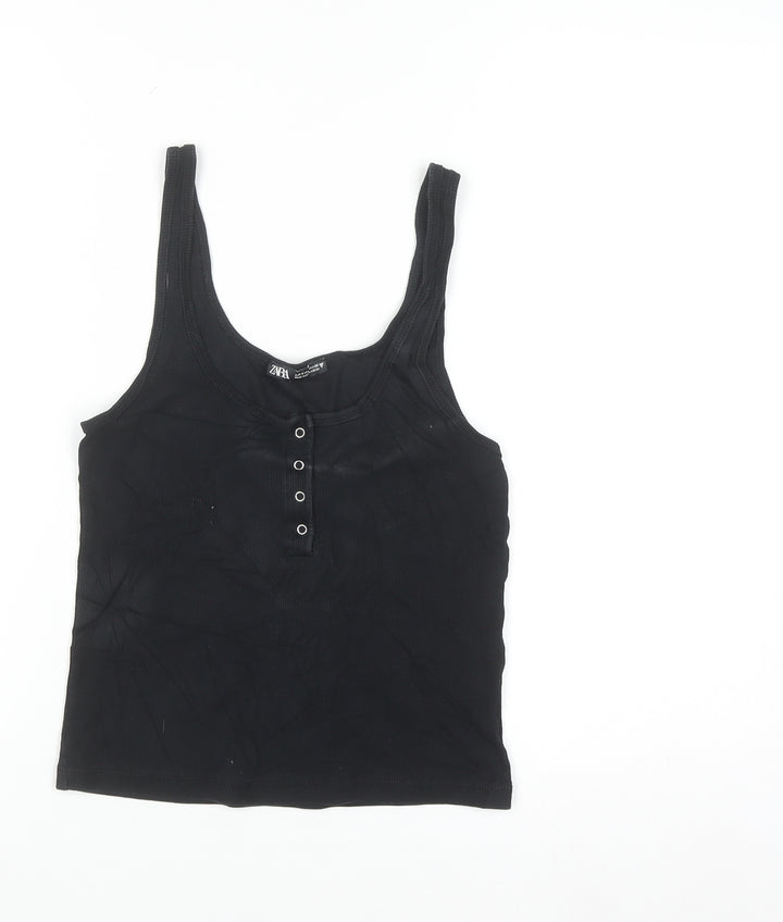 ZARA Women Black Basic Ribbed Tank Top Size S Cotton Blend