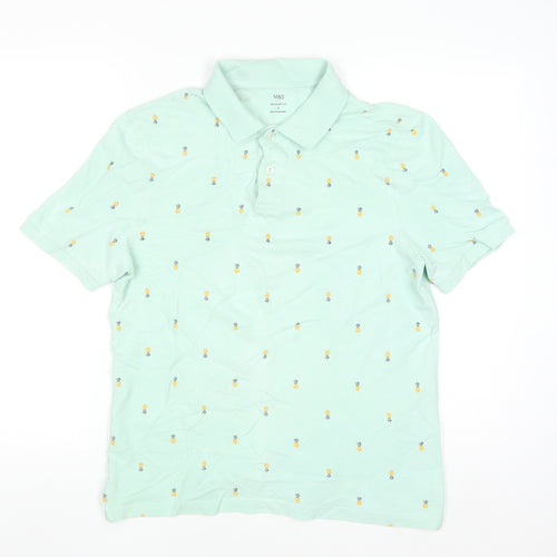 Marks & Spencer Men's Green Pineapple Print Polo Shirt Size S Regular Fit