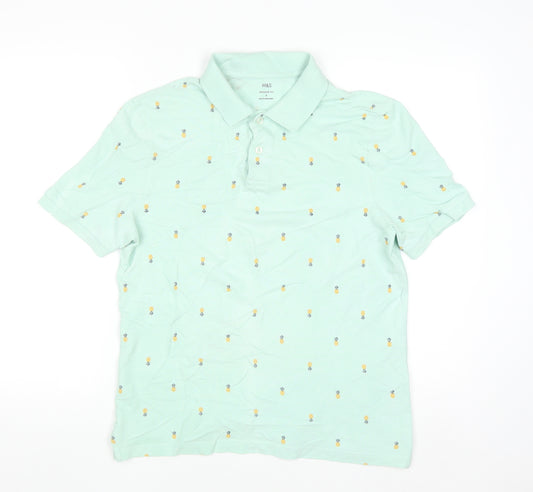 Marks & Spencer Men's Green Pineapple Print Polo Shirt Size S Regular Fit