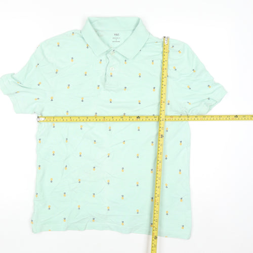 Marks & Spencer Men's Green Pineapple Print Polo Shirt Size S Regular Fit