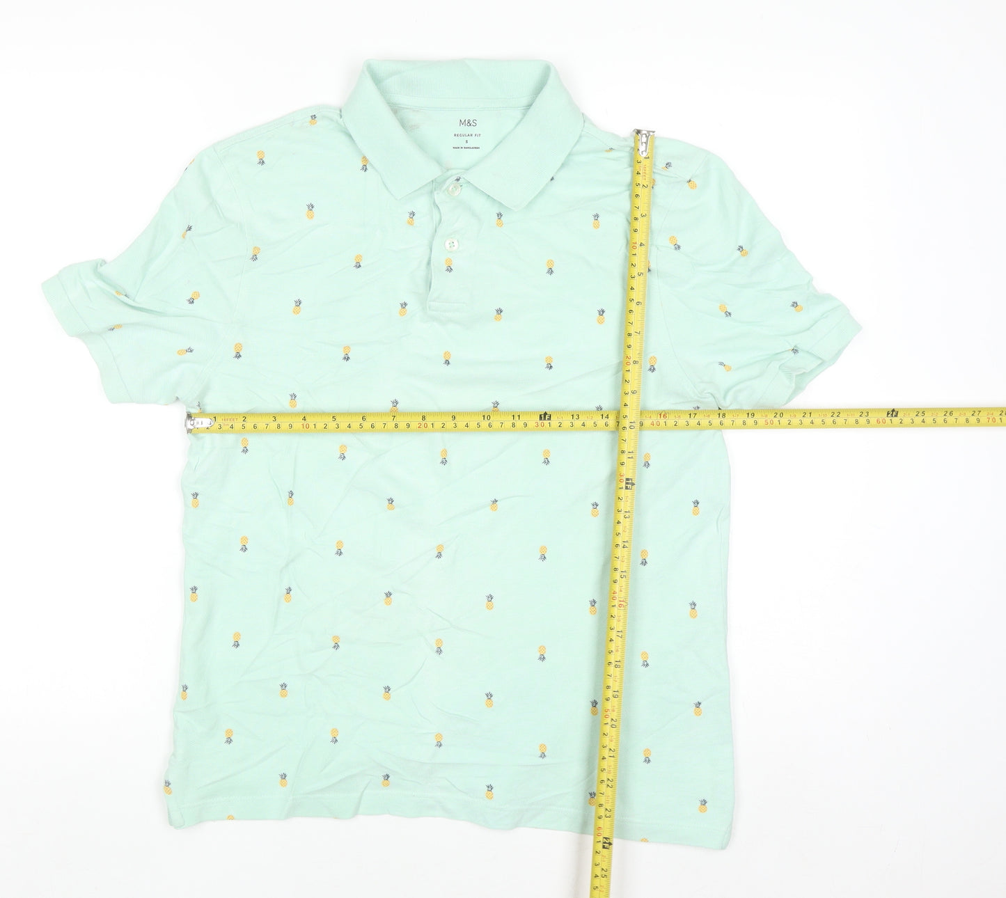 Marks & Spencer Men's Green Pineapple Print Polo Shirt Size S Regular Fit