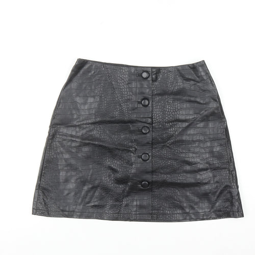 Primark Women’s Black Faux Leather Croc Button Short A-Line Skirt Size 12