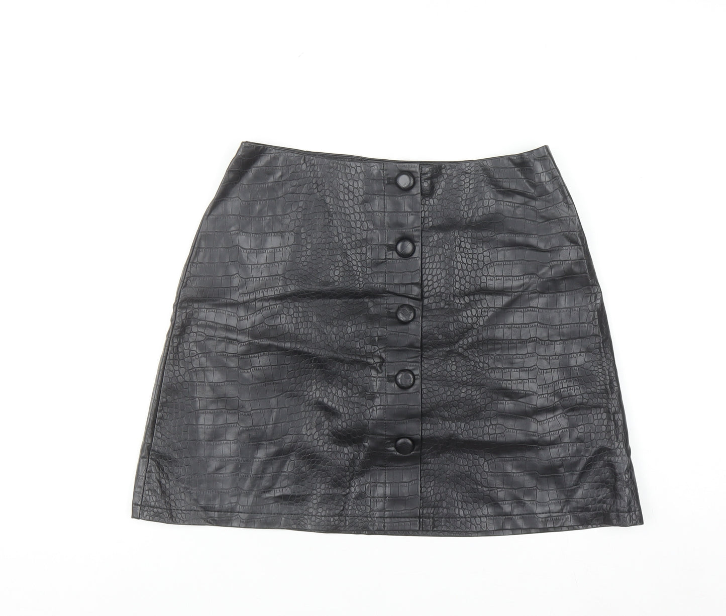 Primark Women’s Black Faux Leather Croc Button Short A-Line Skirt Size 12
