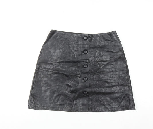 Primark Women’s Black Faux Leather Croc Button Short A-Line Skirt Size 12