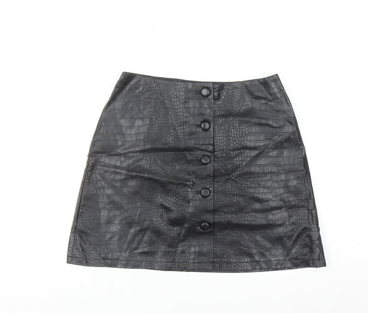 Primark Women’s Black Faux Leather Croc Button Short A-Line Skirt Size 12