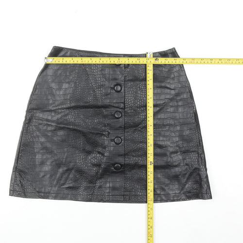 Primark Women’s Black Faux Leather Croc Button Short A-Line Skirt Size 12