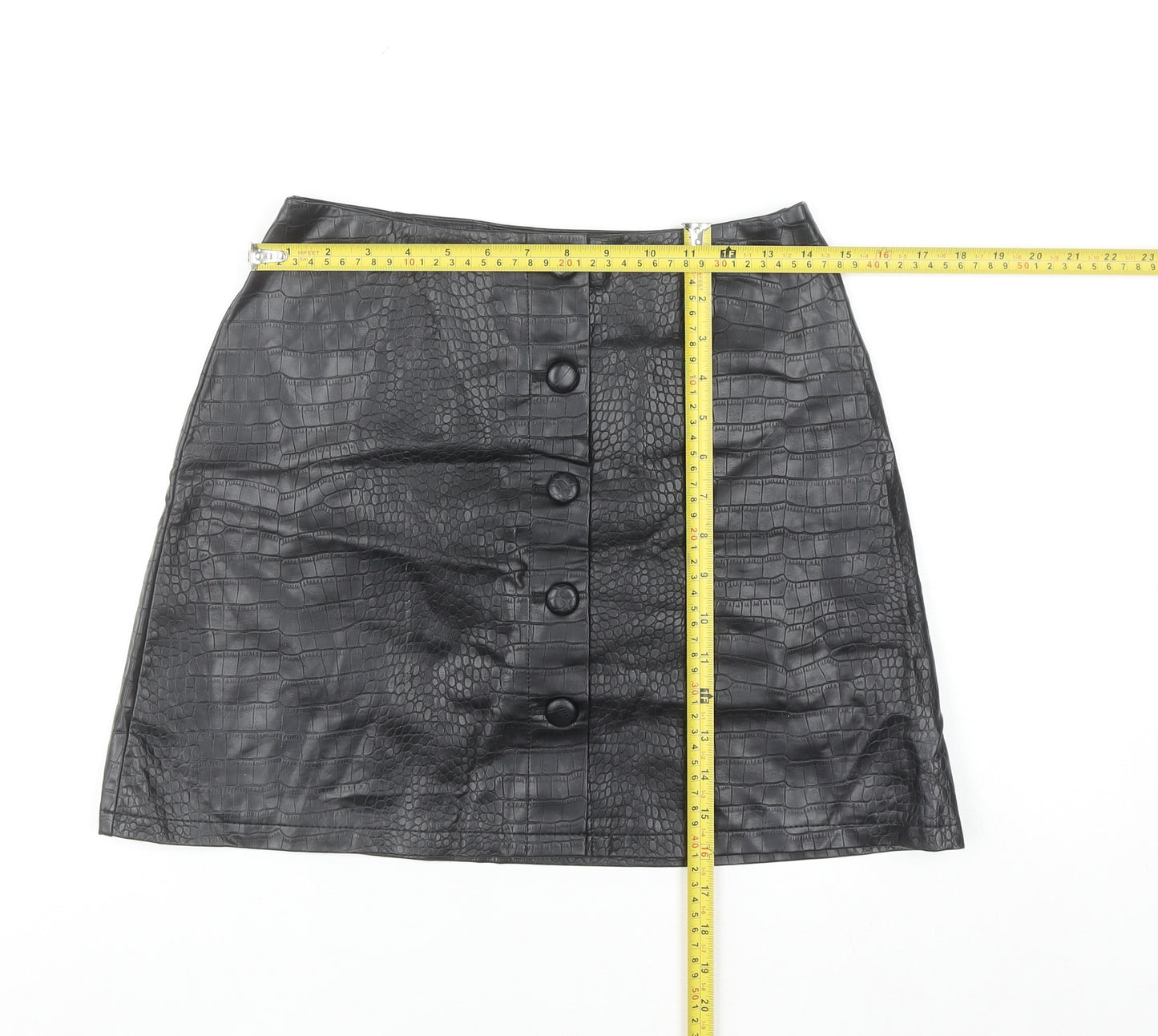 Primark Women’s Black Faux Leather Croc Button Short A-Line Skirt Size 12