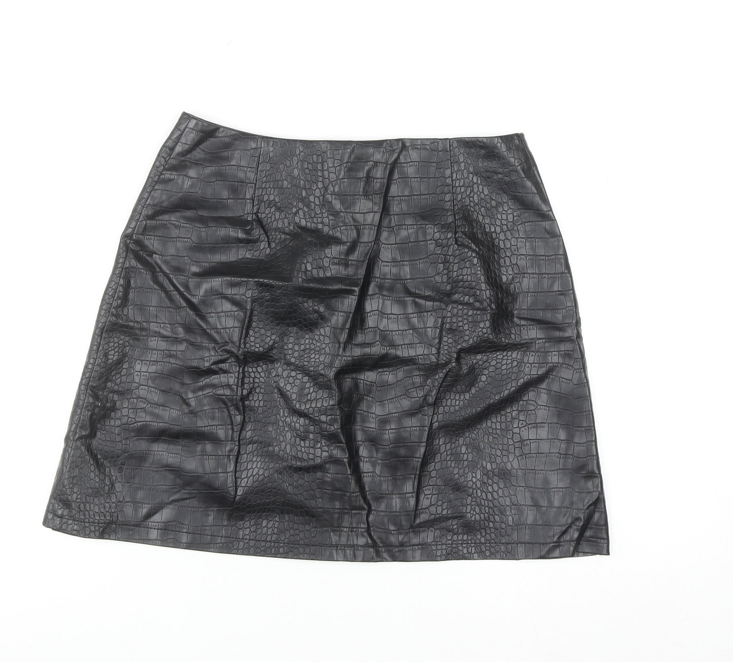 Primark Women’s Black Faux Leather Croc Button Short A-Line Skirt Size 12