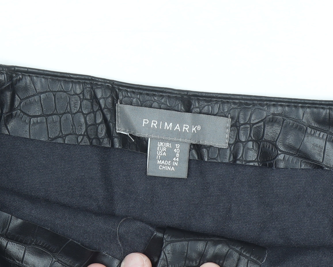Primark Women’s Black Faux Leather Croc Button Short A-Line Skirt Size 12
