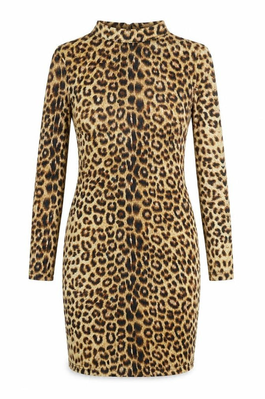 Front view of Parisian Women’s Brown Leopard Animal Print Bodycon Dress, size UK 12