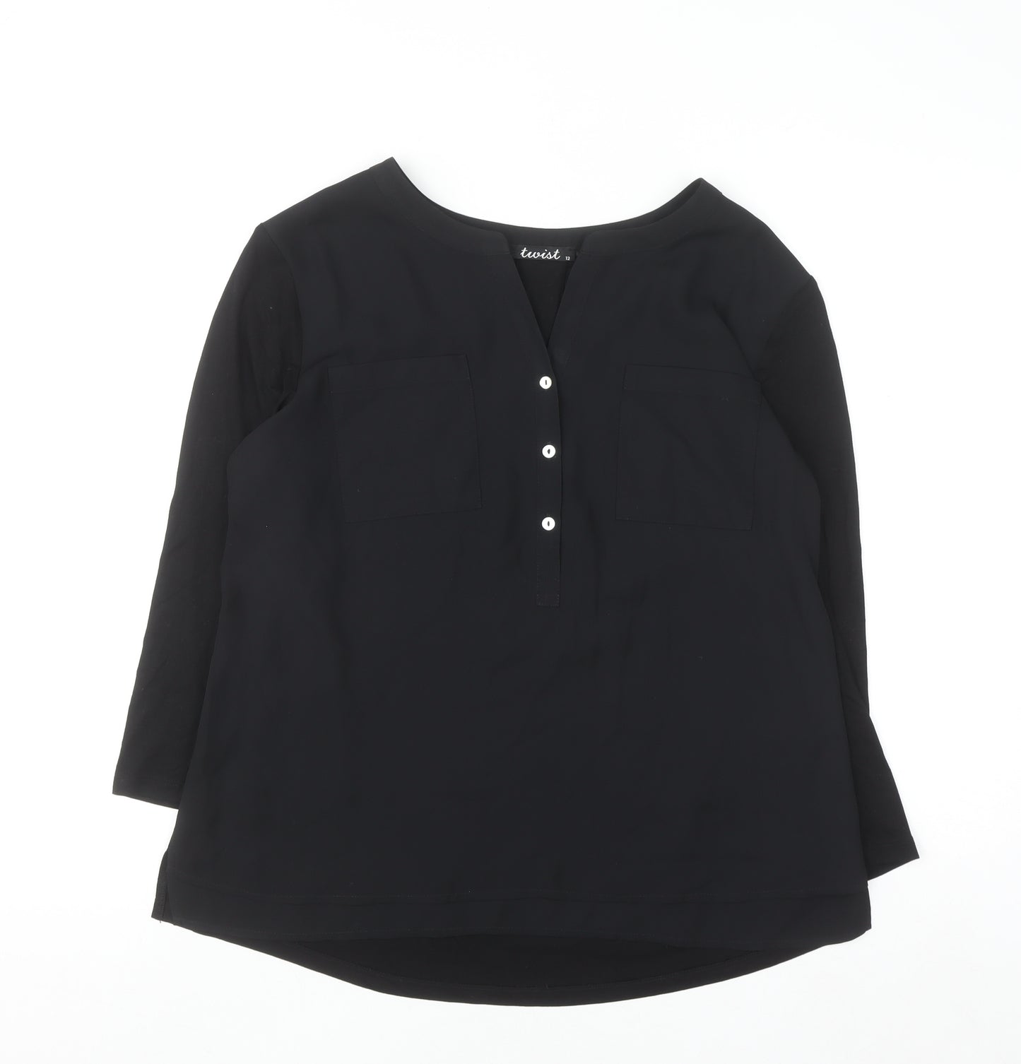 Twist Womens Black Blouse Size 12 V-Neck 3/4 Sleeve Work Top