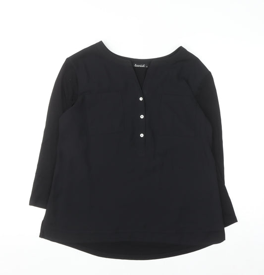 Twist Womens Black Blouse Size 12 V-Neck 3/4 Sleeve Work Top