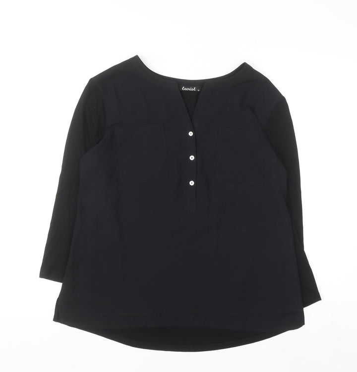 Twist Womens Black Blouse Size 12 V-Neck 3/4 Sleeve Work Top