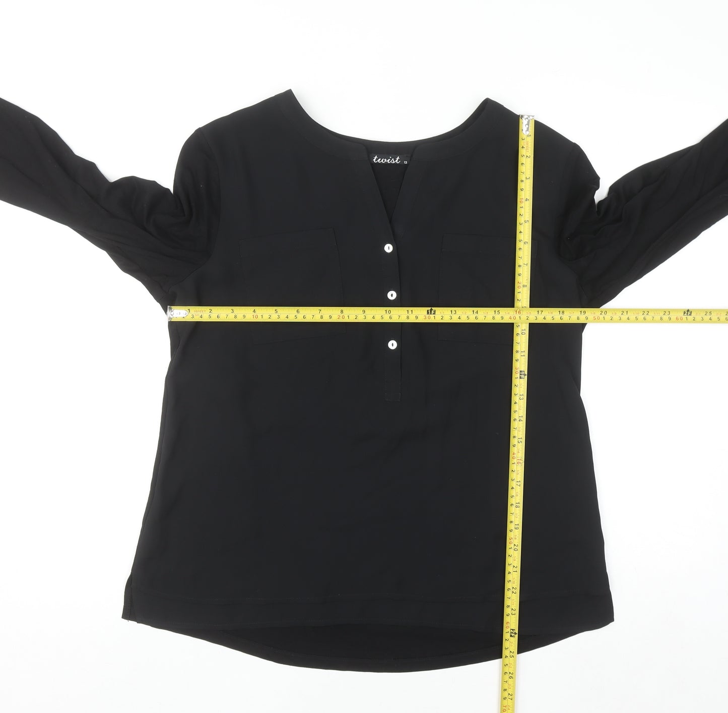 Twist Womens Black Blouse Size 12 V-Neck 3/4 Sleeve Work Top