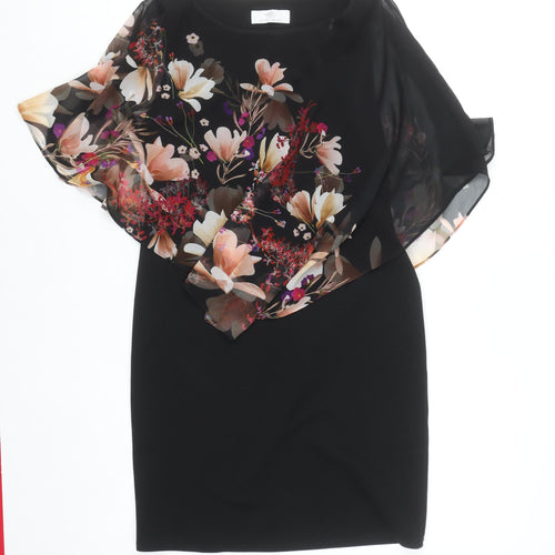 Wallis Petite Black Floral Asymmetric Chiffon Overlay Sheath Dress UK 8