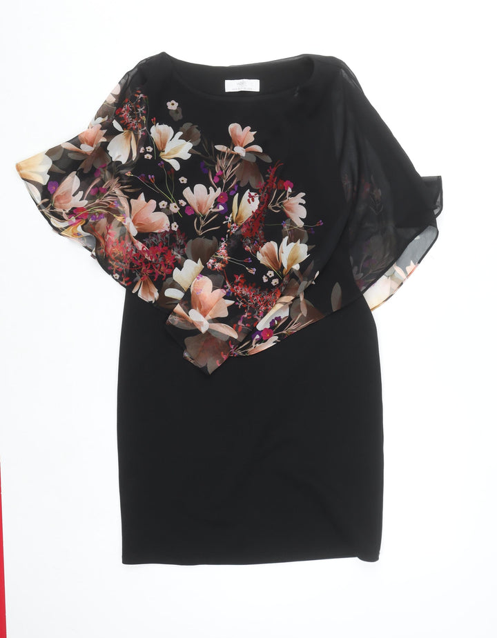 Wallis Petite Black Floral Asymmetric Chiffon Overlay Sheath Dress UK 8