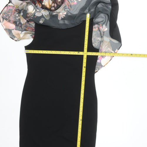 Wallis Petite Black Floral Asymmetric Chiffon Overlay Sheath Dress UK 8