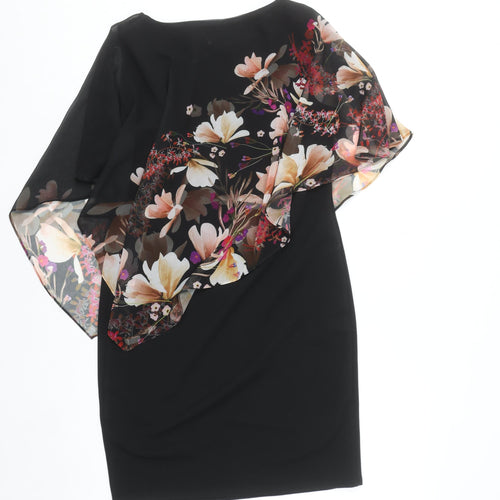 Wallis Petite Black Floral Asymmetric Chiffon Overlay Sheath Dress UK 8
