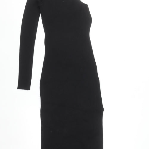 LUC-CE Womens Black Bodycon Knit Midi Dress M Asymmetric Long Sleeve