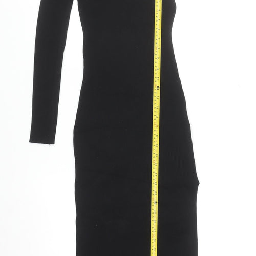 LUC-CE Womens Black Bodycon Knit Midi Dress M Asymmetric Long Sleeve