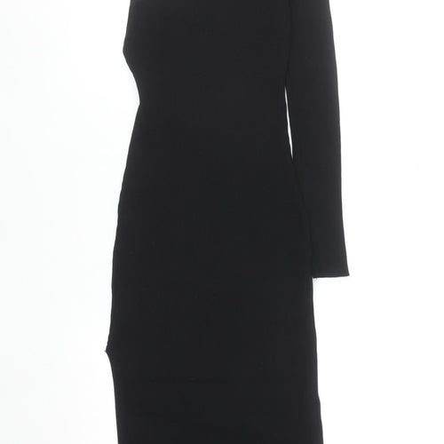 LUC-CE Womens Black Bodycon Knit Midi Dress M Asymmetric Long Sleeve