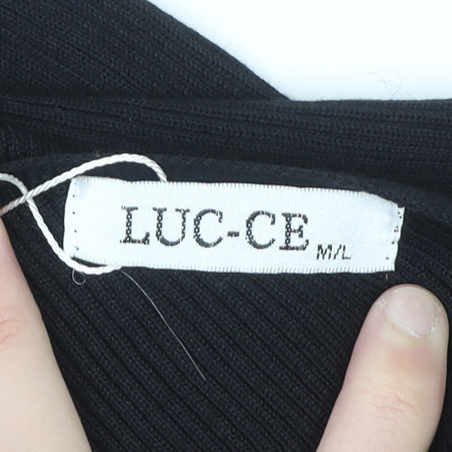LUC-CE Womens Black Bodycon Knit Midi Dress M Asymmetric Long Sleeve