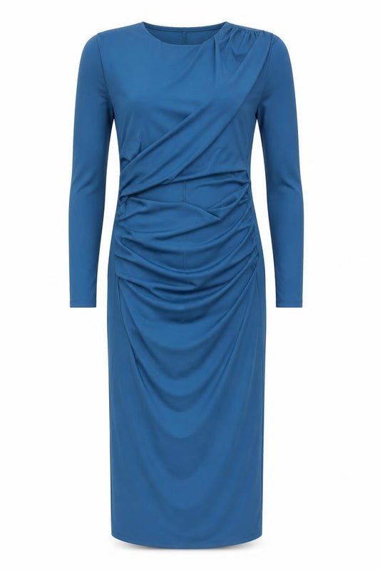 Front view of Copperrose Paris Women Blue Bodycon Midi Dress, size M, Long Sleeve