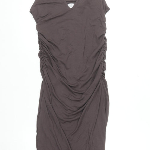 Oh Polly Women's Brown Ruched Bodycon Sleeveless V-Neck Dress Size 14