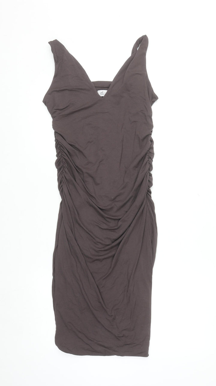 Oh Polly Women's Brown Ruched Bodycon Sleeveless V-Neck Dress Size 14