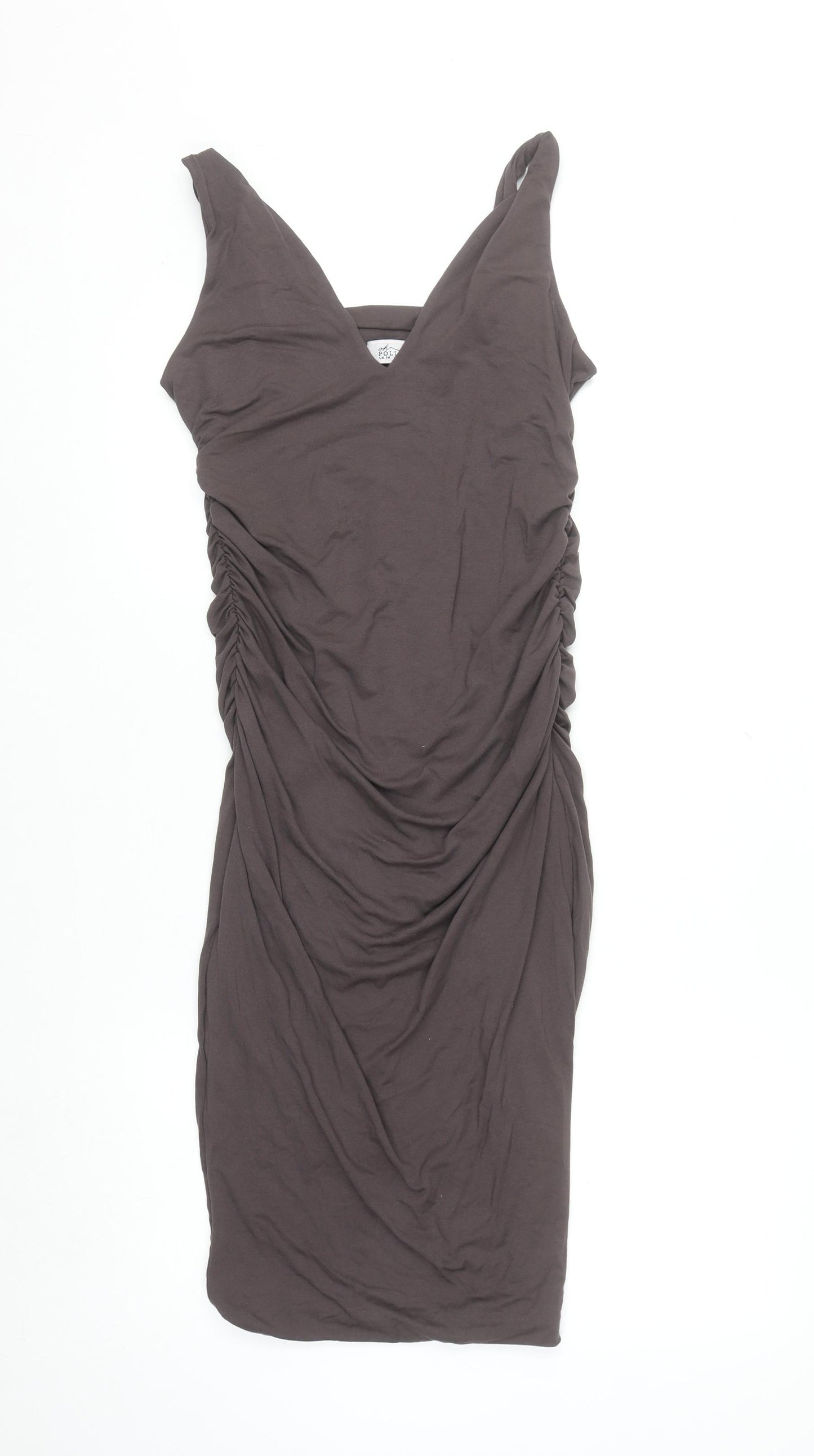Oh Polly Women's Brown Ruched Bodycon Sleeveless V-Neck Dress Size 14