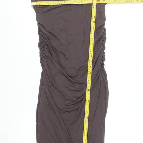 Oh Polly Women's Brown Ruched Bodycon Sleeveless V-Neck Dress Size 14