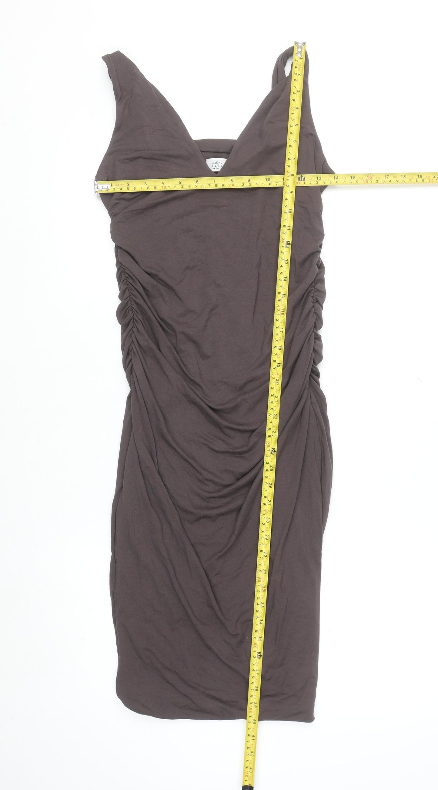Oh Polly Women's Brown Ruched Bodycon Sleeveless V-Neck Dress Size 14
