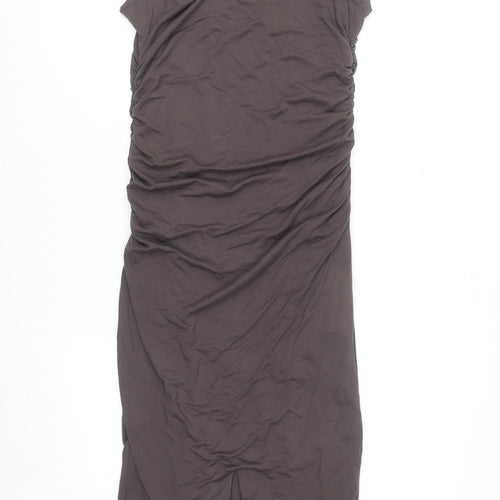 Oh Polly Women's Brown Ruched Bodycon Sleeveless V-Neck Dress Size 14