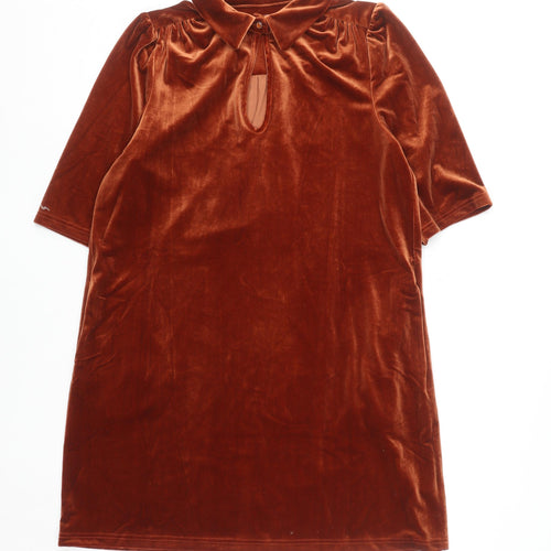 Traffic People Women Brown Velvet Shift Dress M Collared Keyhole Party