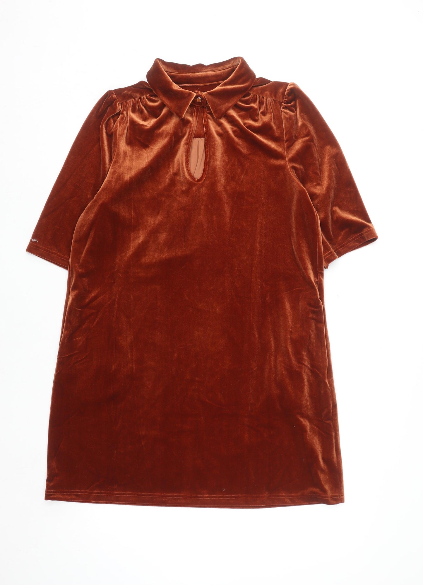 Traffic People Women Brown Velvet Shift Dress M Collared Keyhole Party