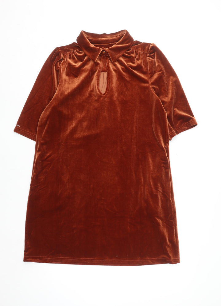 Traffic People Women Brown Velvet Shift Dress M Collared Keyhole Party