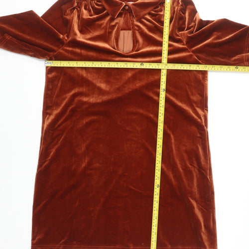 Traffic People Women Brown Velvet Shift Dress M Collared Keyhole Party