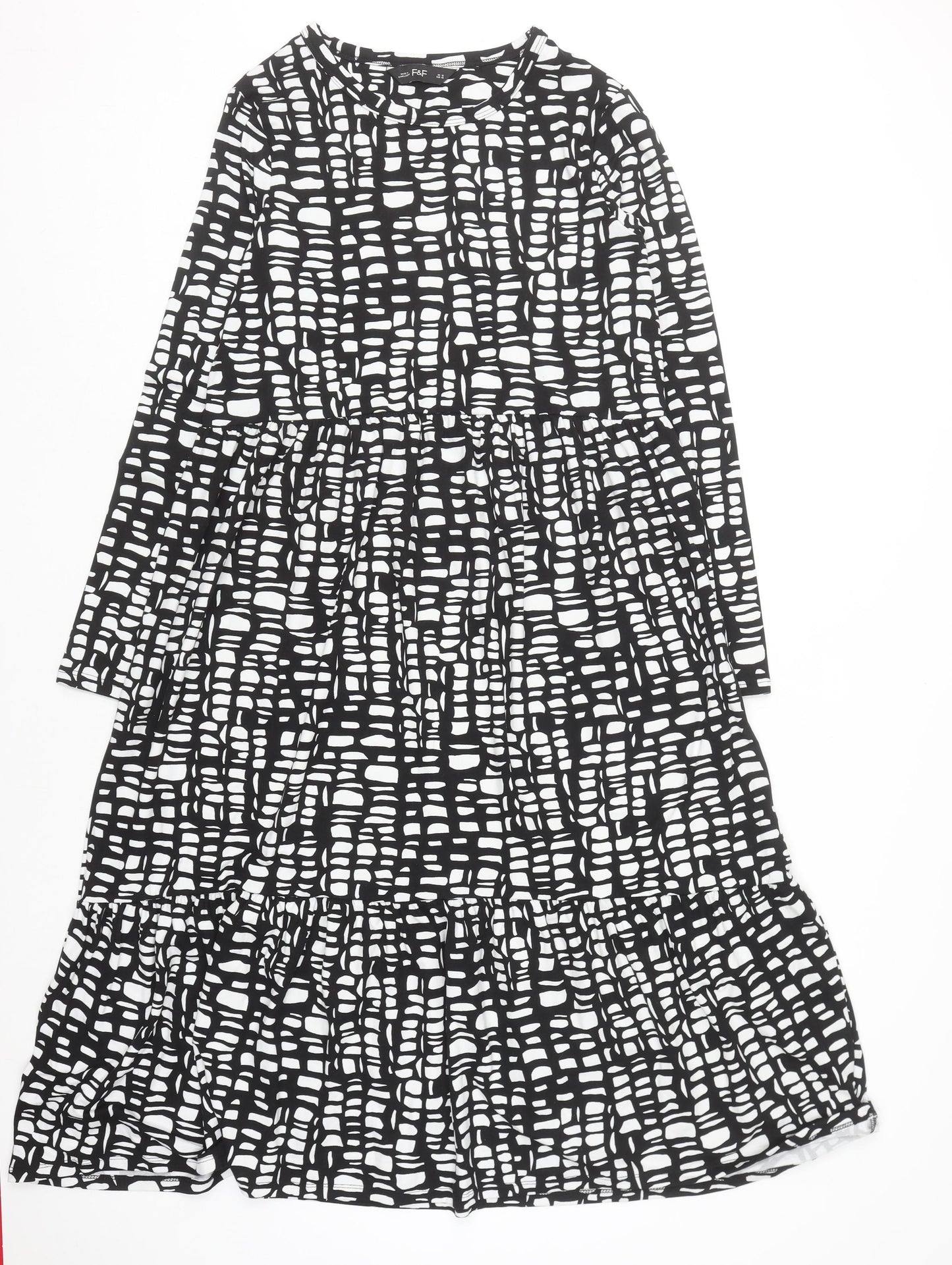 F&F Women's Black Geometric Midi Fit & Flare Dress Size 12