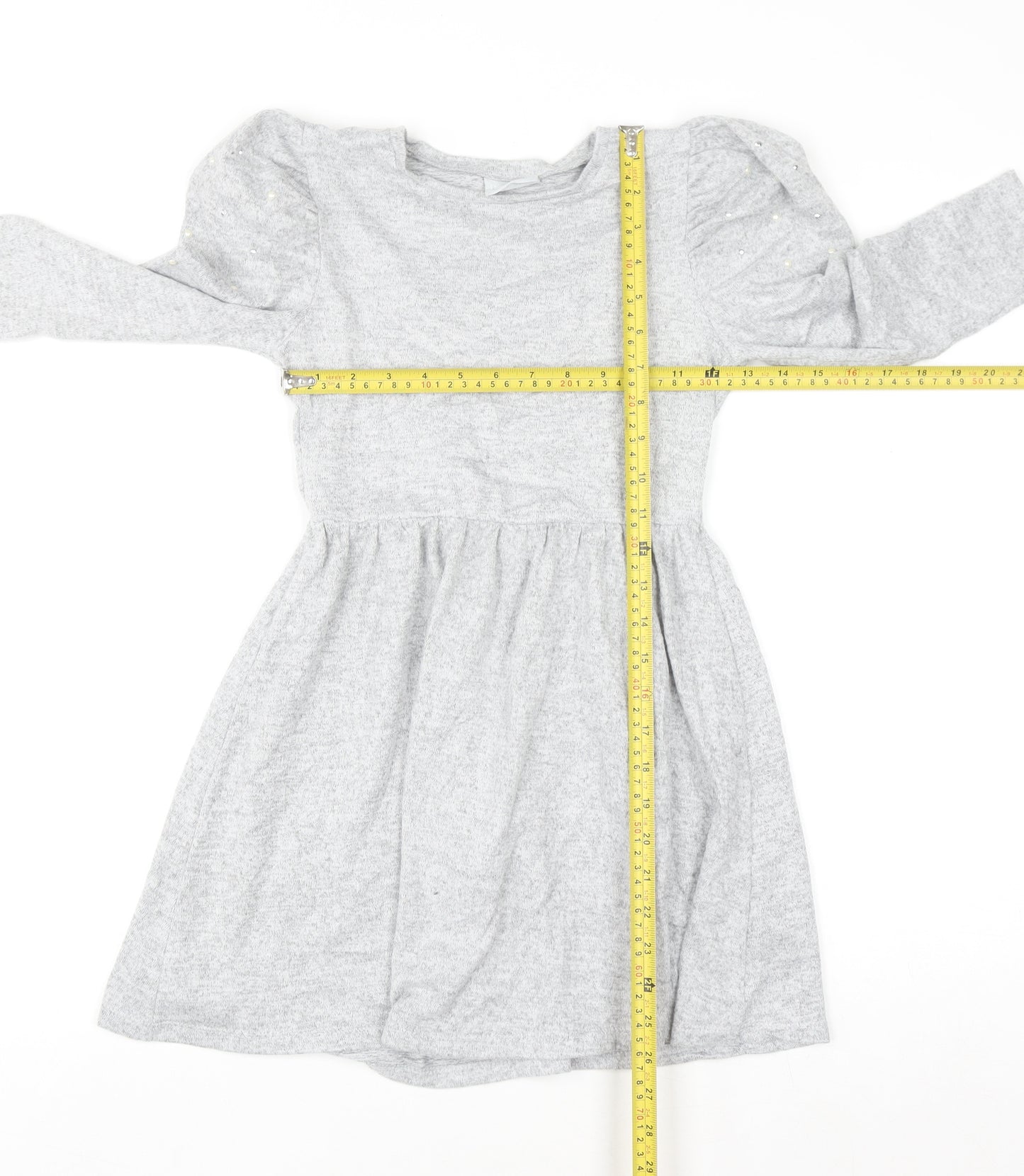 I Love Girlswear Grey Long Sleeve Puff Shoulder Fit & Flare Dress 9 Years