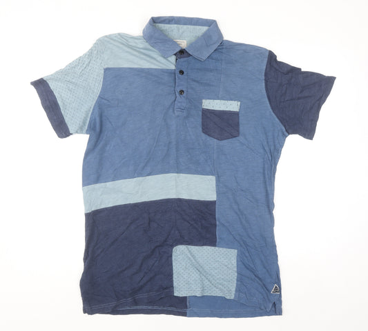 Mango Man Blue Colourblock Slim Fit Cotton Polo Shirt Size L