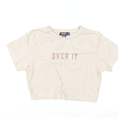 Missguided Petite Beige Cropped T-Shirt Women UK 12 Embroidered 'Over It'