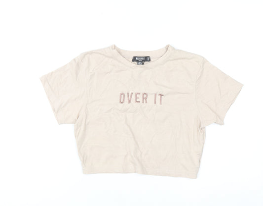 Missguided Petite Beige Cropped T-Shirt Women UK 12 Embroidered 'Over It'