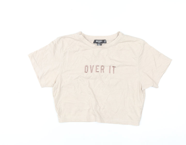Missguided Petite Beige Cropped T-Shirt Women UK 12 Embroidered 'Over It'