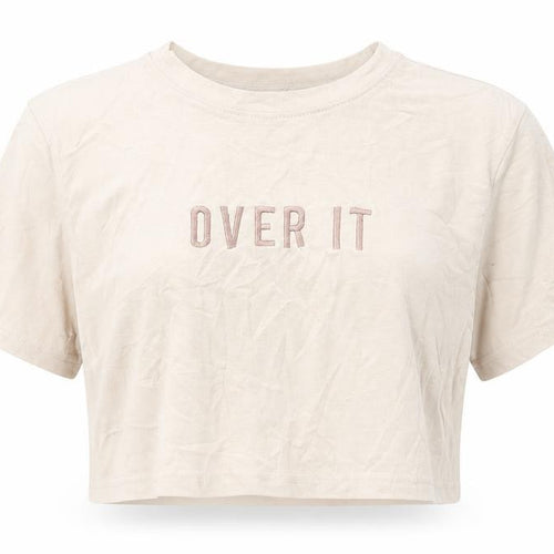 Missguided Petite Beige Cropped T-Shirt Women UK 12 Embroidered 'Over It'