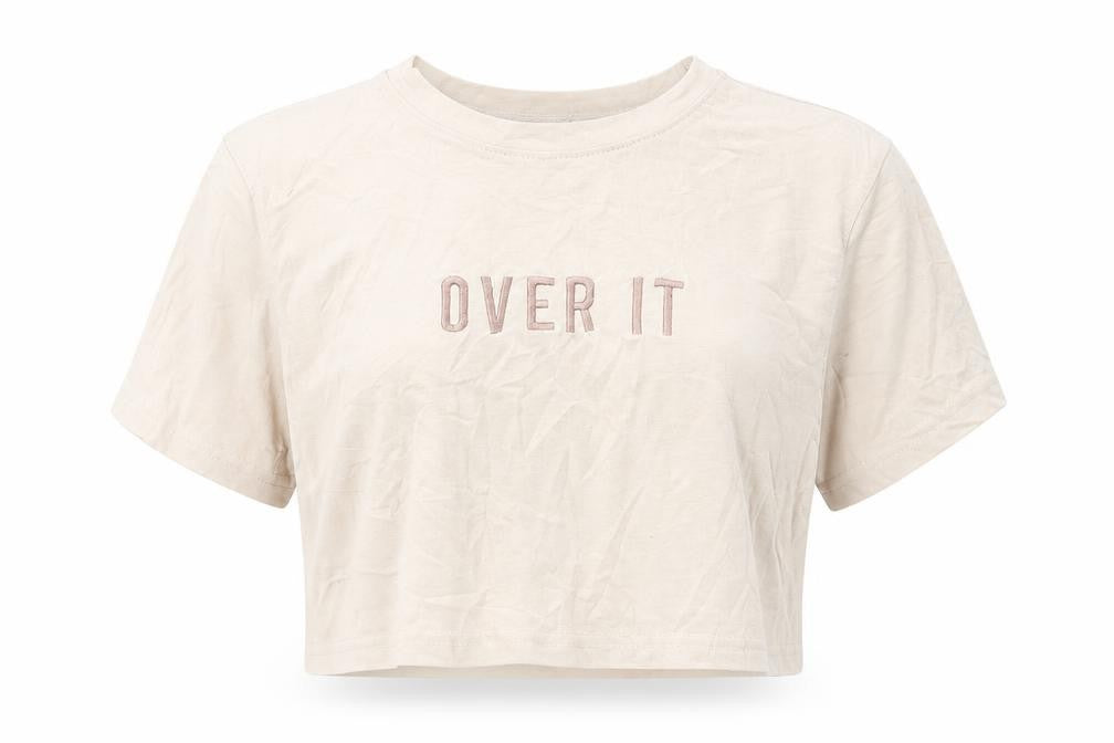 Missguided Petite Beige Cropped T-Shirt Women UK 12 Embroidered 'Over It'