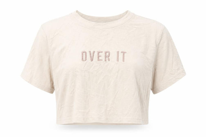 Missguided Petite Beige Cropped T-Shirt Women UK 12 Embroidered 'Over It'