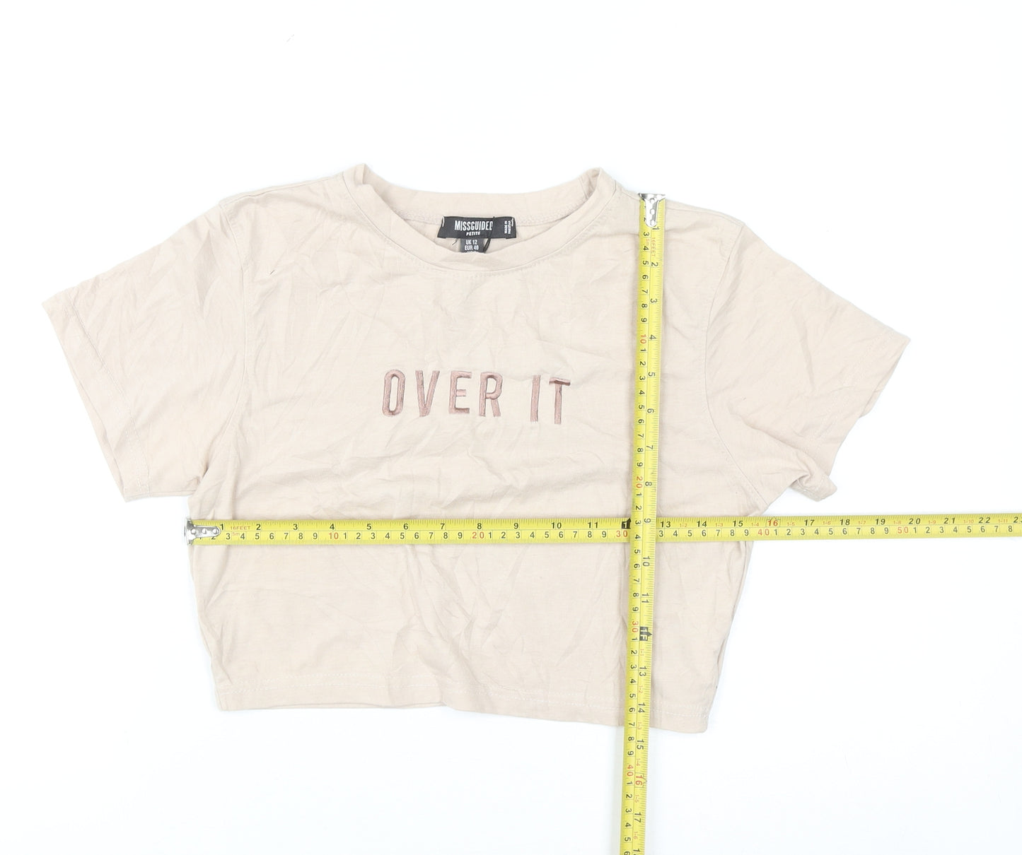 Missguided Petite Beige Cropped T-Shirt Women UK 12 Embroidered 'Over It'